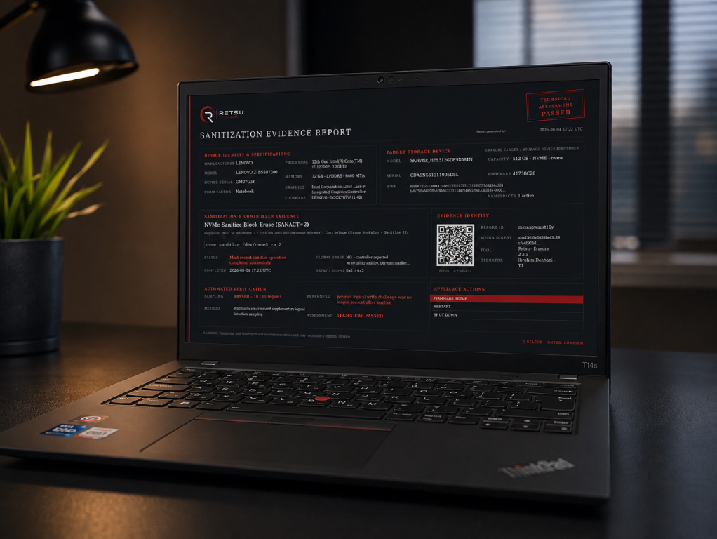 Laptop displaying a Retsu Erasure sanitisation evidence report