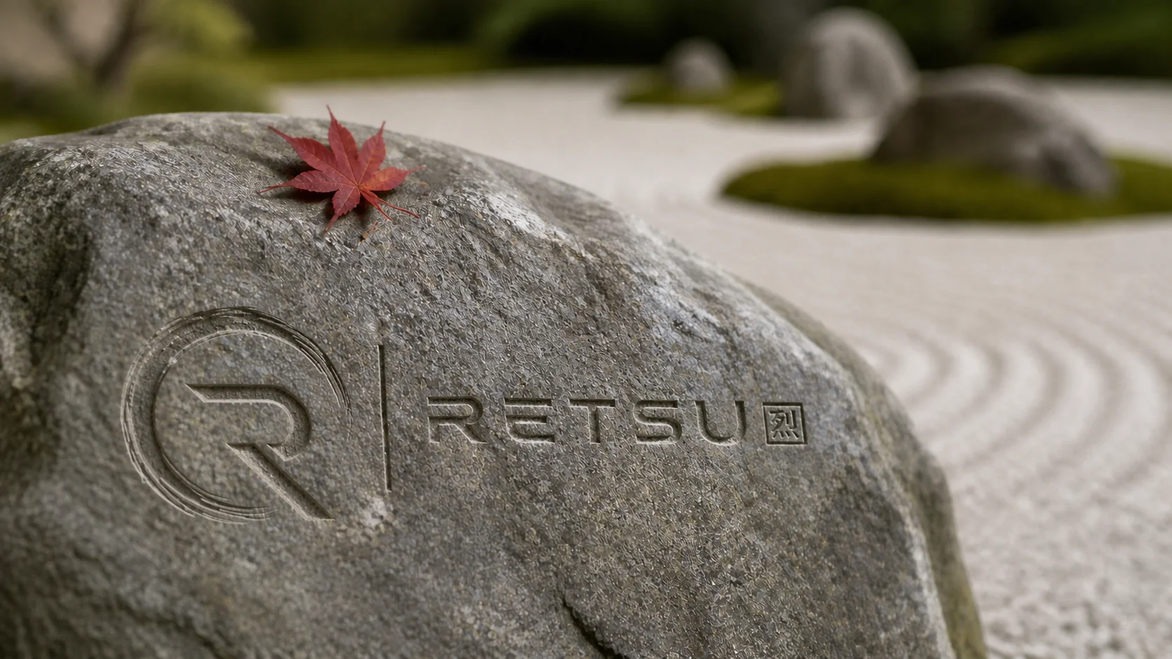 Retsu logo hand-etched into a stone in a Japanese Zen garden